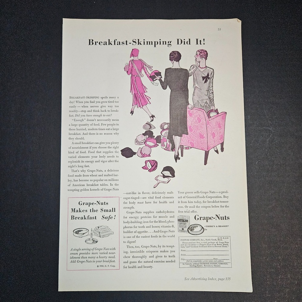 1930 Postum Grape-Nuts Breakfast Cereal Full Page Pink Colored Vintage Print Ad‎